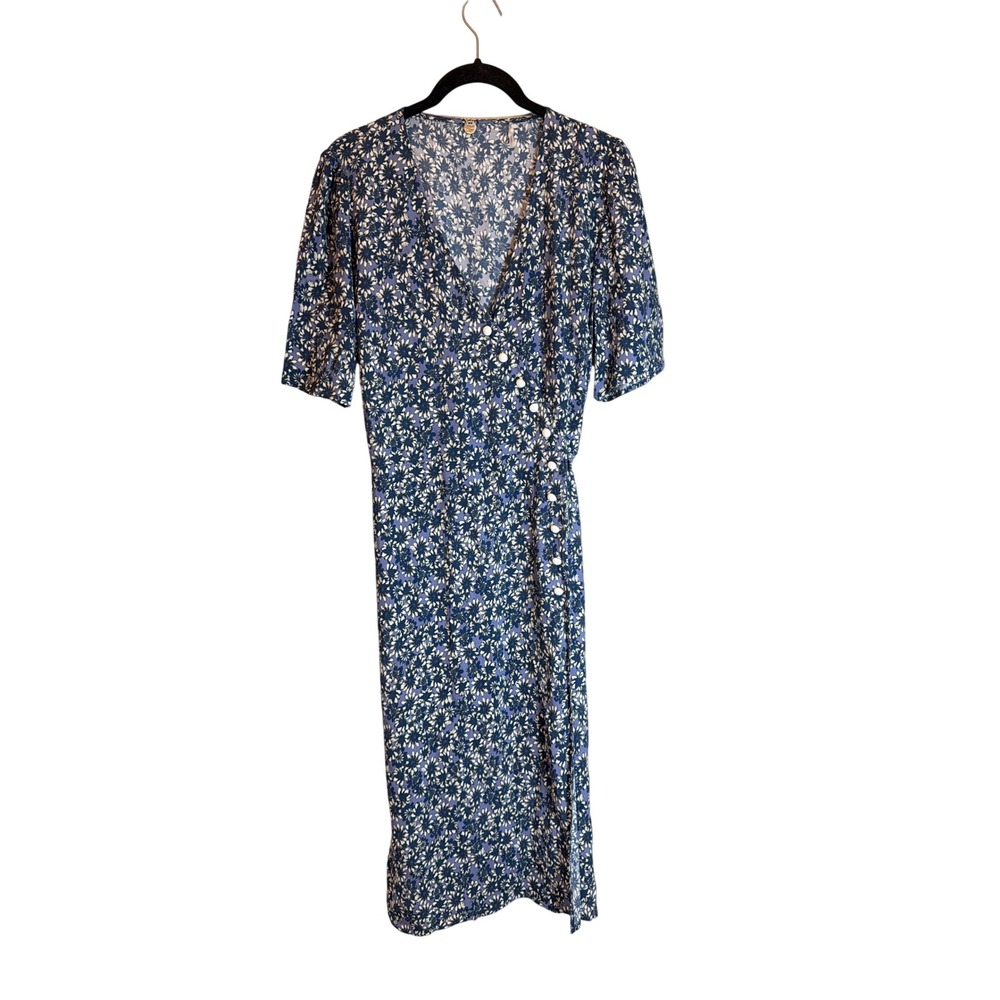 Margaret O'Leary Blue White Floral French Daisy Wrap Midi Dress Size Medium